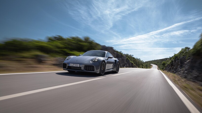 Front shot of a Porsche 911 driving