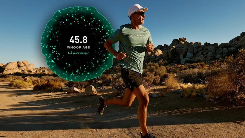 Whoop image showing a man exercising and his estimated "whoop age"