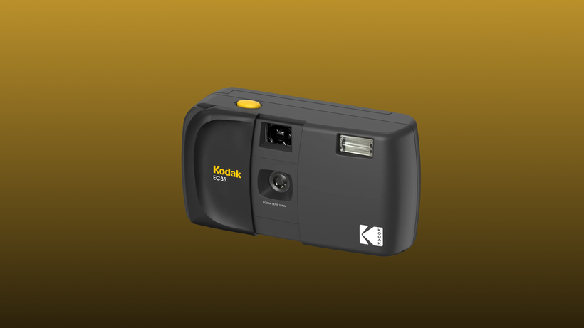 Black KODAK EC35 35mm Film Camera on a mustard to black gradient background