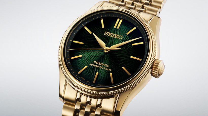 Seiko Presage HCC009J1 watch with Matsuba green bonsai-inspired dial and gold-coloured case
