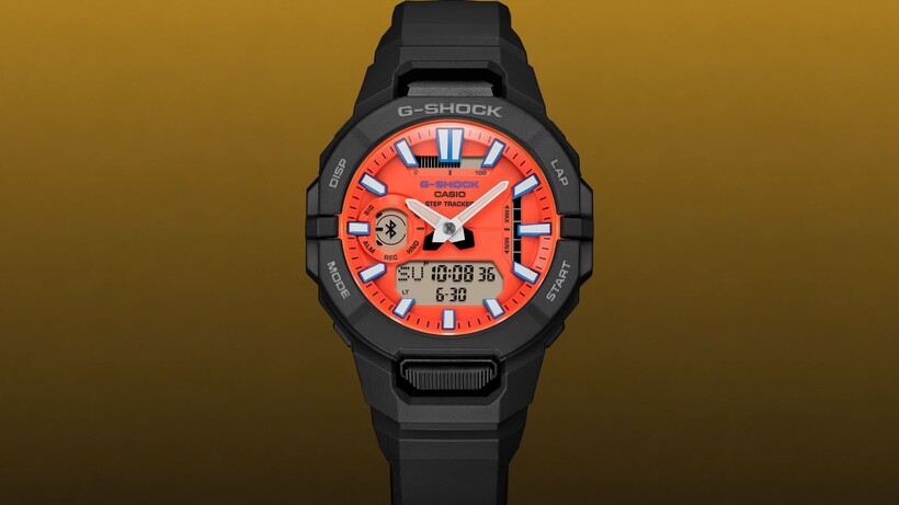 Casio G-Shock GBA-950 fitness watch in black with orange dial and integrated resin band