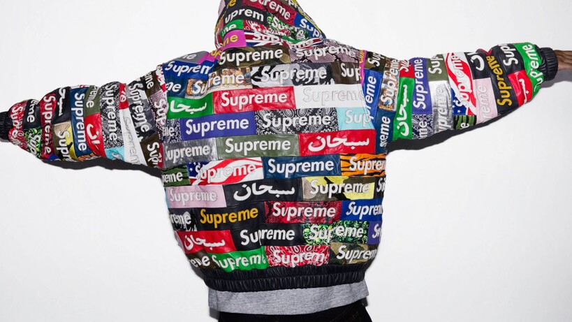 Supreme FW26 patchwork leather jacket covered in archival Box Logo designs