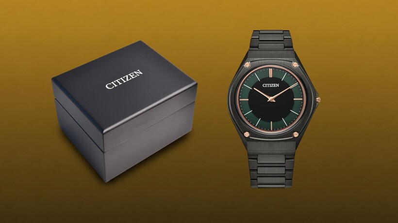 Citizen Eco-Drive One AR5065-54W with forest-green dial, black case and integrated bracelet