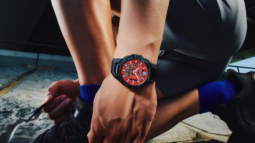 Casio G-Shock GBA-950 fitness watch in black with orange dial and integrated resin band