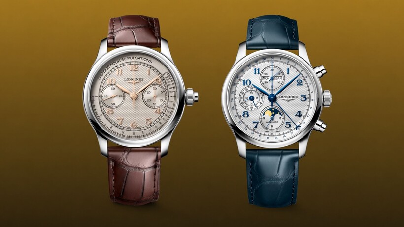 Longines Master Collection Chrono Monopusher and Chrono Moonphase watches with textured dials and leather straps