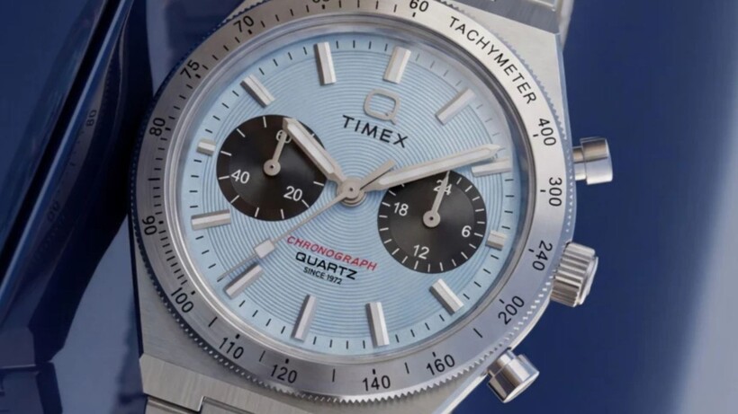 Q Timex Continental Chronograph 36mm with ice-blue dial, contrasting subdials and integrated stainless steel bracelet