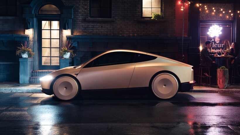 Gold Tesla Cybercab prototype with Starlink satellite hardware integrated into the roof