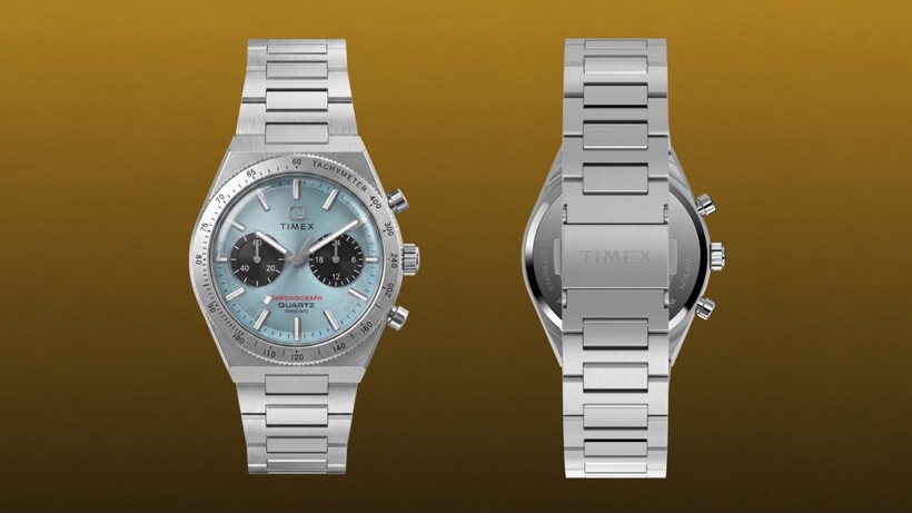 Q Timex Continental Chronograph 36mm with ice-blue dial, contrasting subdials and integrated stainless steel bracelet
