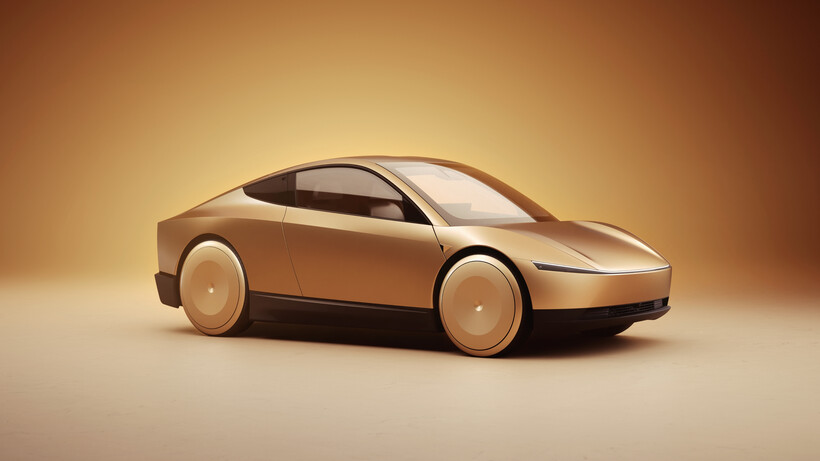 Gold Tesla Cybercab prototype with Starlink satellite hardware integrated into the roof