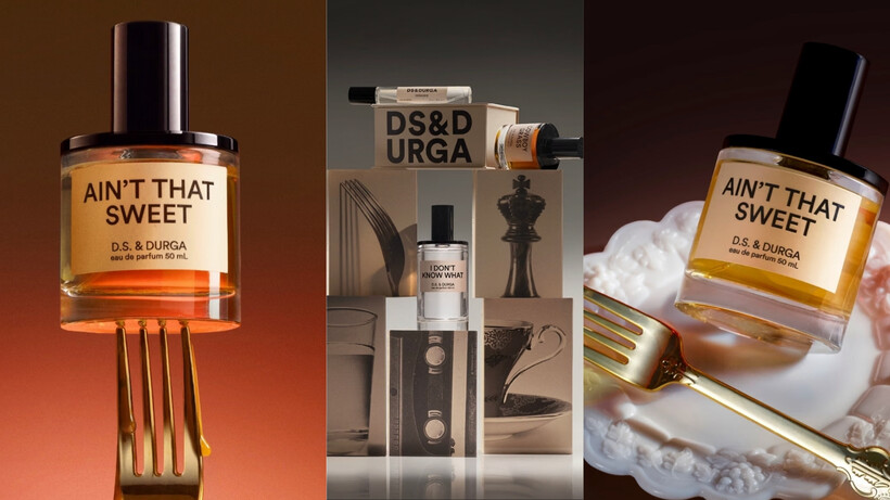 D.S. & Durga Ain’t That Sweet fragrance bottle with peach-toned packaging