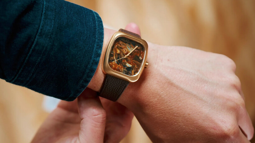 Brew Watches Retrograph Stone Blend with pietersite dial and gold PVD-coated case