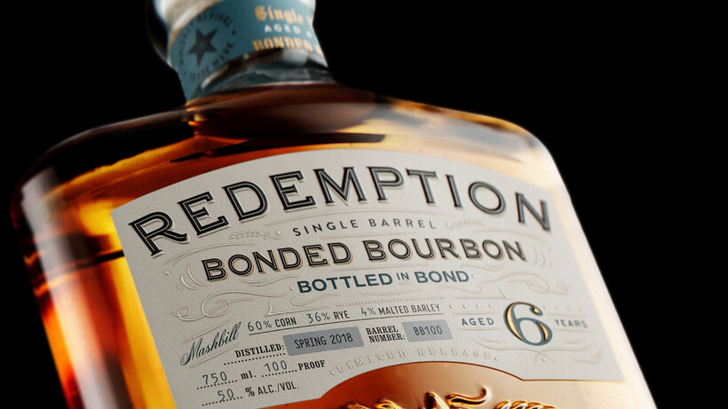 Redemption Single Barrel Bonded Bourbon bottle aged six years and bottled at 100 proof