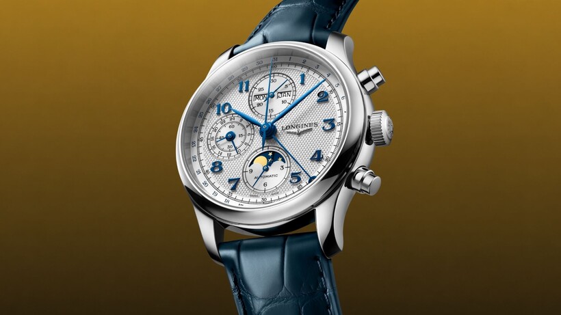 Longines Master Collection Chrono Monopusher and Chrono Moonphase watches with textured dials and leather straps