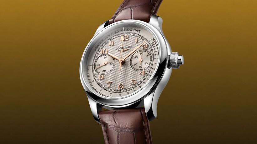 Longines Master Collection Chrono Monopusher and Chrono Moonphase watches with textured dials and leather straps