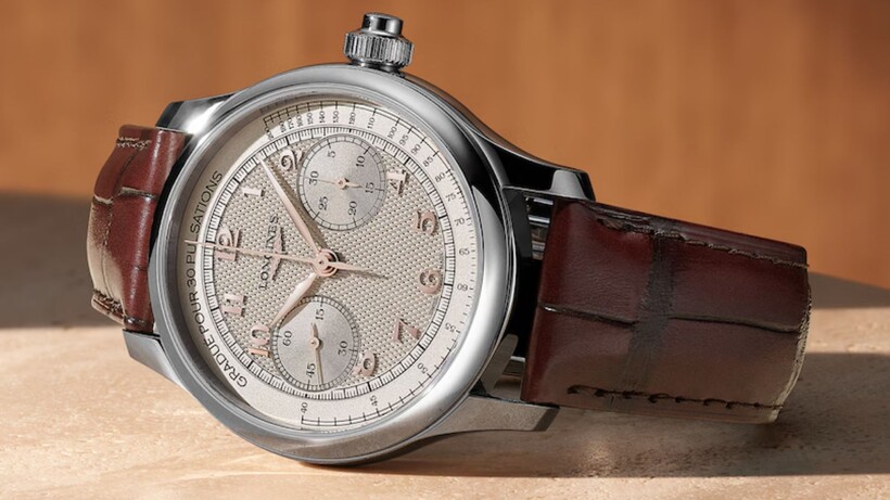 Longines Master Collection Chrono Monopusher and Chrono Moonphase watches with textured dials and leather straps