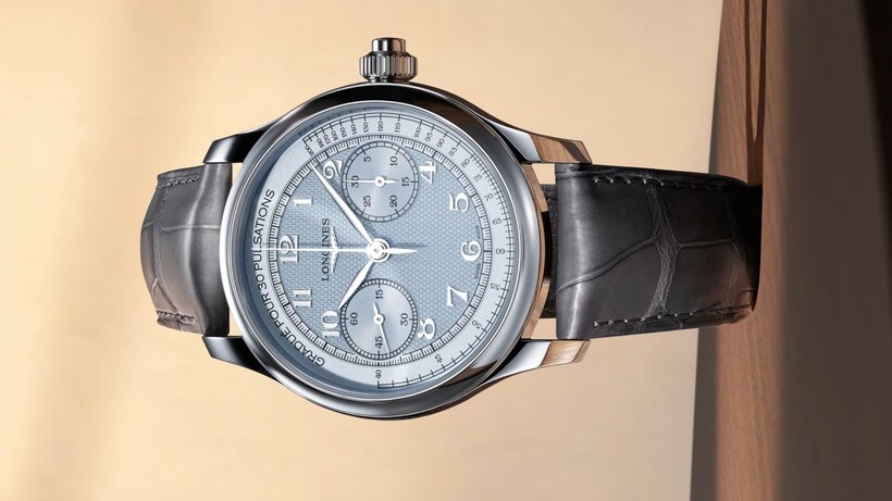Longines Master Collection Chrono Monopusher and Chrono Moonphase watches with textured dials and leather straps
