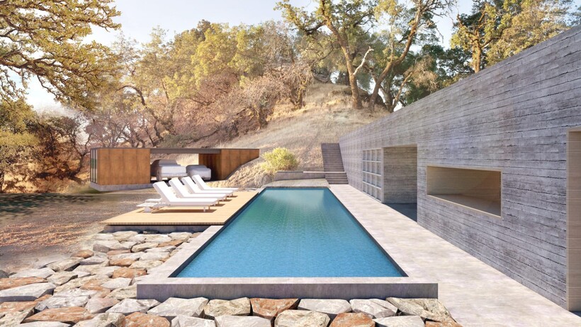 Mendocino House by Jensen Architects featuring concrete walls, steel roofing and large glass panels among oak woodland