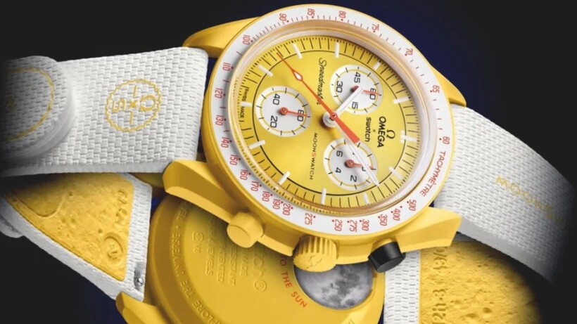 watch Mission to the Sun Solar Eclipse MoonSwatch with yellow Bioceramic case and black chronograph pusher