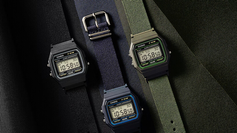 Casio F-91WF digital watch with fabric strap