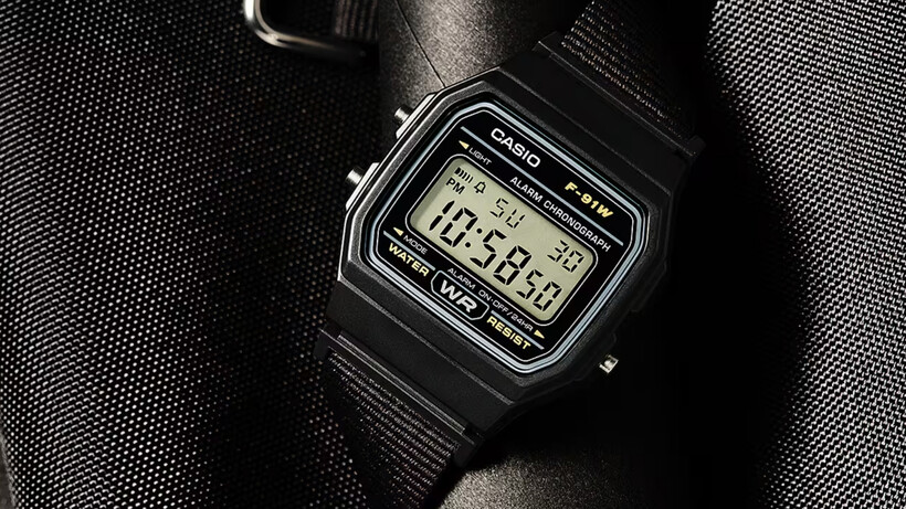 Casio F-91WF digital watch with fabric strap