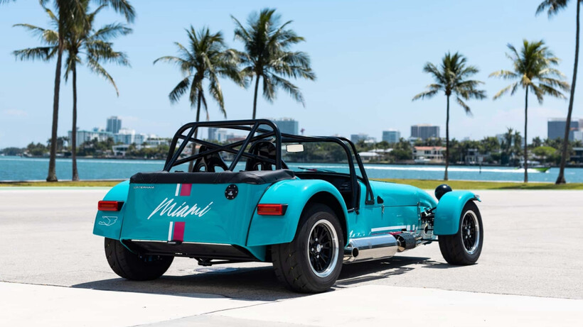 Caterham Seven Miami Special Edition in Aqua with pink and white graphics