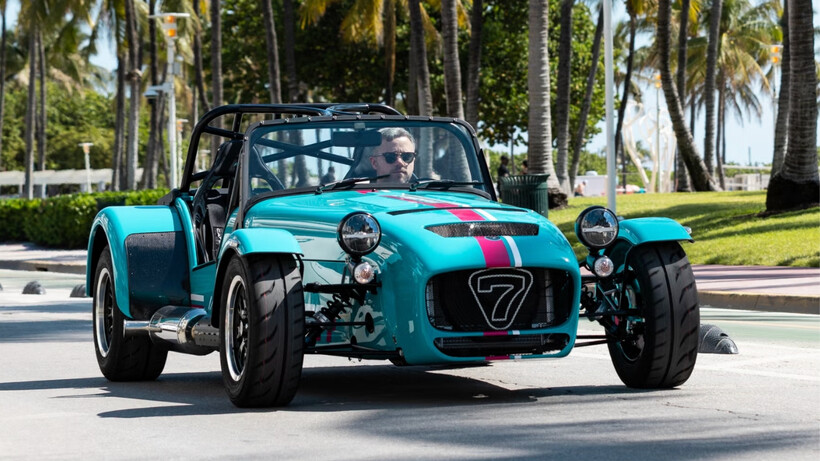 Caterham Seven Miami Special Edition in Aqua with pink and white graphics