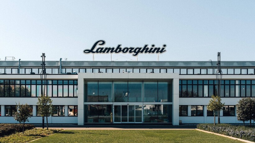 Lamborghini headquarters in Sant’Agata Bolognese with the brand’s logo above the entrance