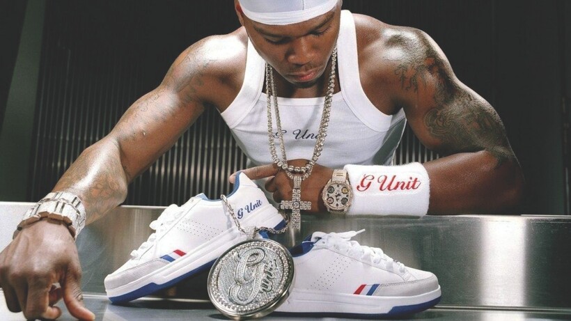 Reebok x G-Unit G6 sneakers in white leather with red and blue detailing