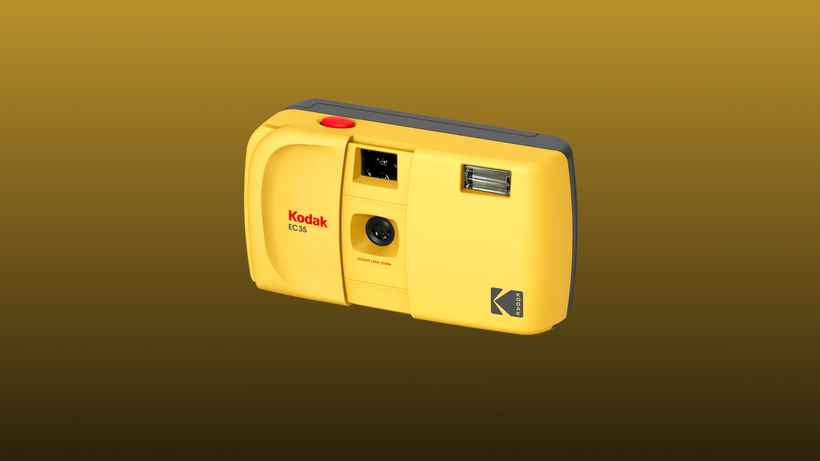 Yellow KODAK EC35 35mm Film Camera on a mustard to black gradient background